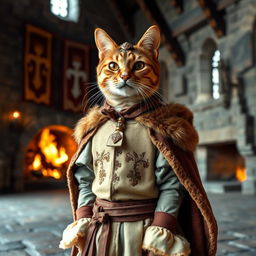 An elegant cat dressed in typical European feudal attire, featuring a finely crafted tunic with decorative embroidery and a fur-trimmed cloak