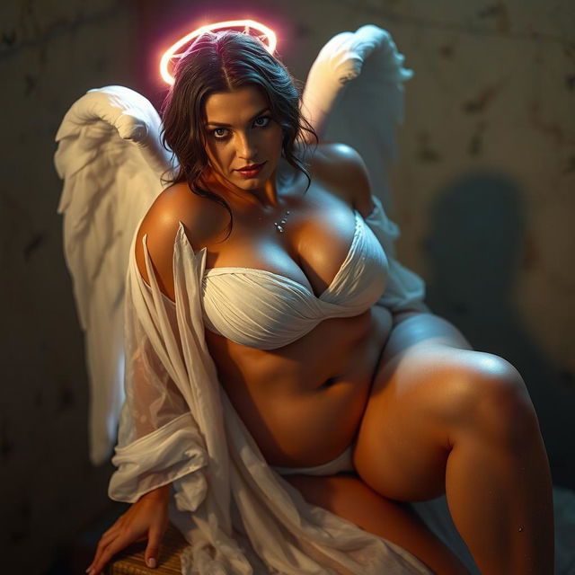 A depiction of Jerusalem as an angelic, motherly sister bride of God, dressed in skimpy, sheer white robes soaked in holy water, revealing her jasper-toned skin glistening with moisture