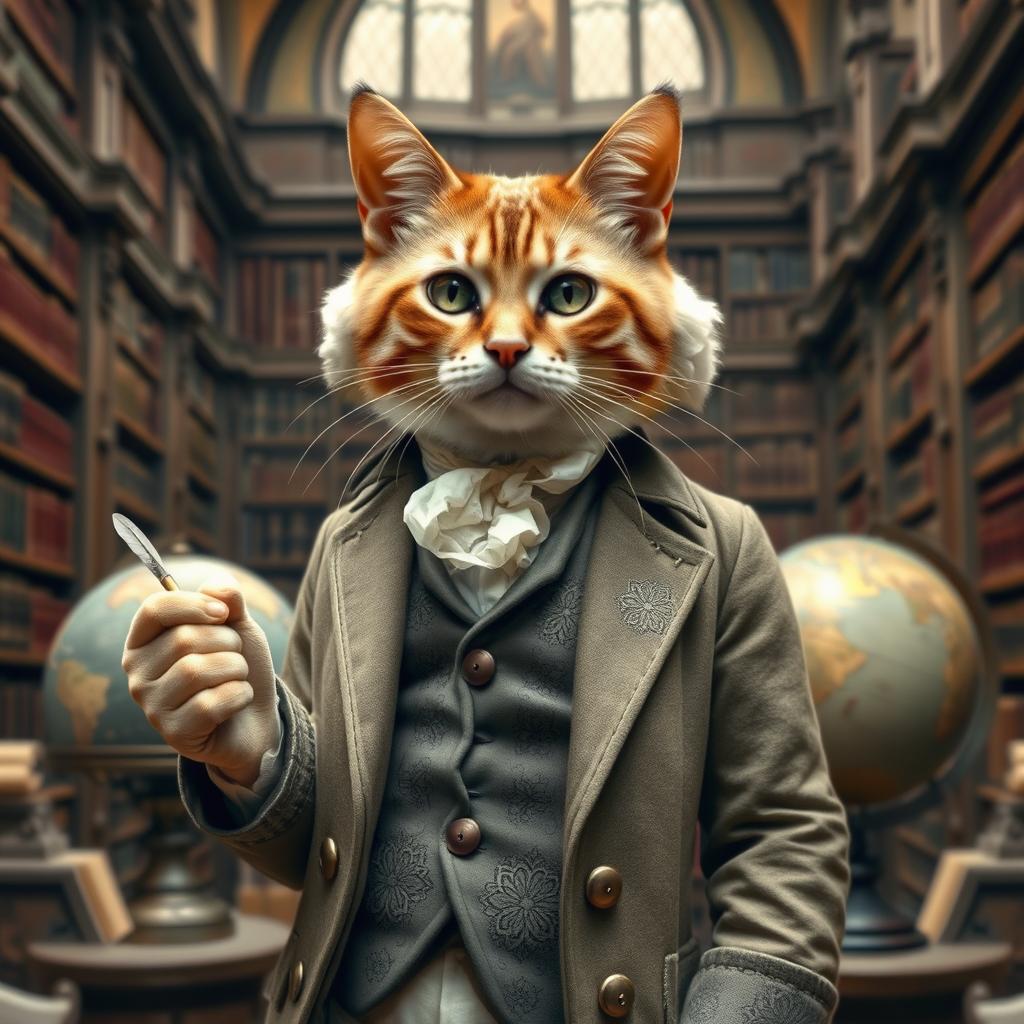 An intellectual cat dressed in Enlightenment-era attire, wearing a tailored frock coat and waistcoat that feature intricate embroidery and soft, neutral colors typical of the period