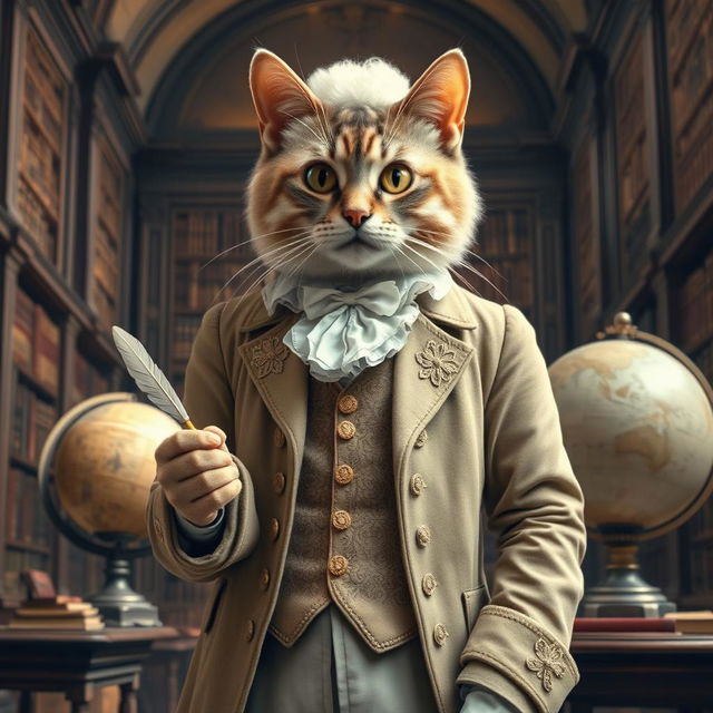 An intellectual cat dressed in Enlightenment-era attire, wearing a tailored frock coat and waistcoat that feature intricate embroidery and soft, neutral colors typical of the period