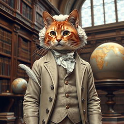 An intellectual cat dressed in Enlightenment-era attire, wearing a tailored frock coat and waistcoat that feature intricate embroidery and soft, neutral colors typical of the period