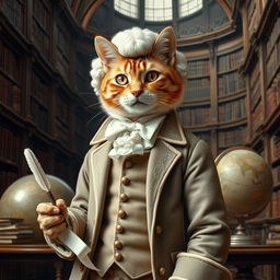 An intellectual cat dressed in Enlightenment-era attire, wearing a tailored frock coat and waistcoat that feature intricate embroidery and soft, neutral colors typical of the period