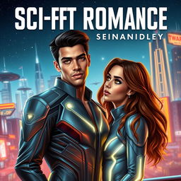 A sci-fi romance book cover featuring a young Latina woman with striking golden eyes, standing confidently next to a young auburn-haired man