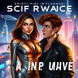 A sci-fi romance book cover featuring a young Latina woman with striking golden eyes, standing confidently next to a young auburn-haired man