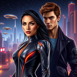 A sci-fi romance book cover featuring a young Latina woman with striking golden eyes, standing confidently next to a young auburn-haired man