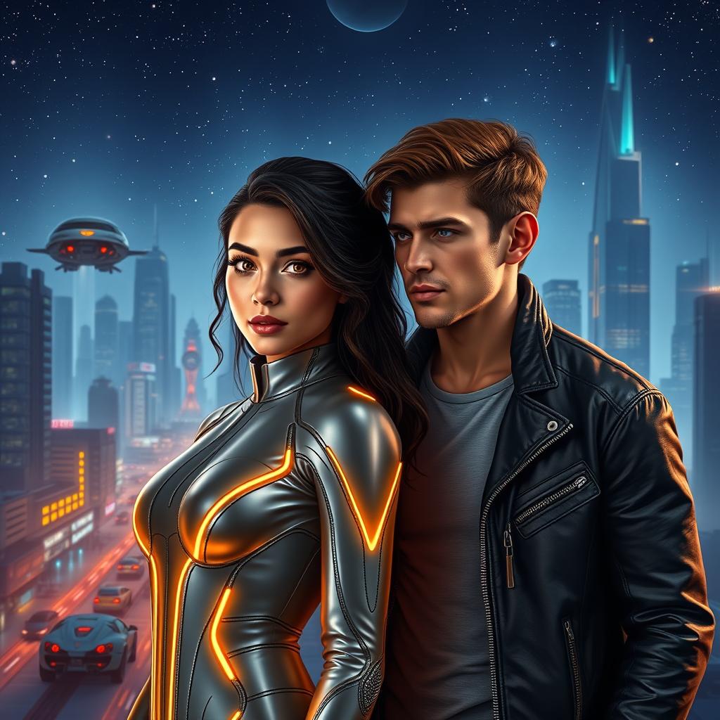 A sci-fi romance book cover featuring a young Latina woman with striking golden eyes, standing confidently next to a young auburn-haired man