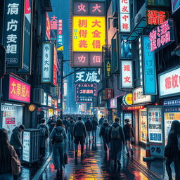 An intricate, detailed scene of a futuristic Tokyo street