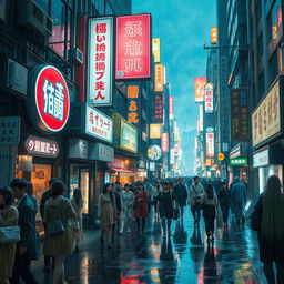 An intricate, detailed scene of a futuristic Tokyo street