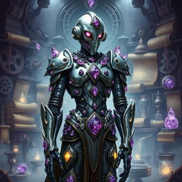 A warforged artificer adorned with amethyst accents, standing in a mystical workshop filled with alchemical tools and intricate machinery