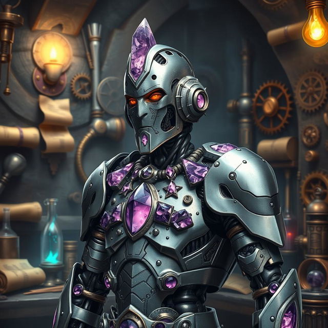 A warforged artificer adorned with amethyst accents, standing in a mystical workshop filled with alchemical tools and intricate machinery