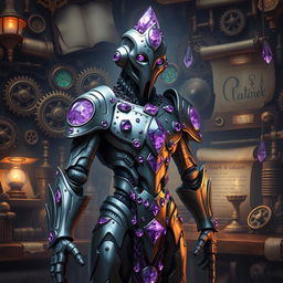 A warforged artificer adorned with amethyst accents, standing in a mystical workshop filled with alchemical tools and intricate machinery