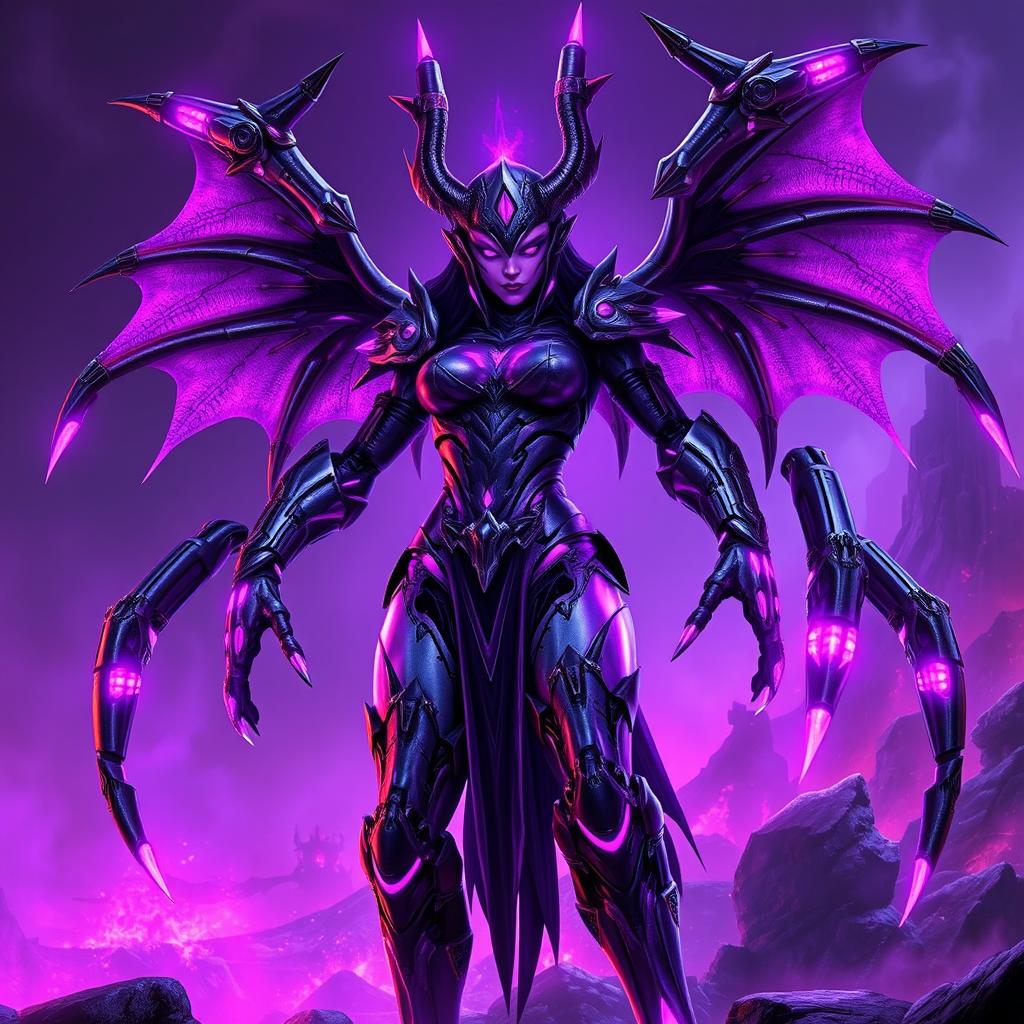 Andariel from Diablo 2 reimagined as a cyberdemon from Doom 3, with a vibrant purple theme dominating her appearance