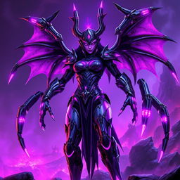 Andariel from Diablo 2 reimagined as a cyberdemon from Doom 3, with a vibrant purple theme dominating her appearance