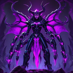 Andariel from Diablo 2 reimagined as a cyberdemon from Doom 3, with a vibrant purple theme dominating her appearance