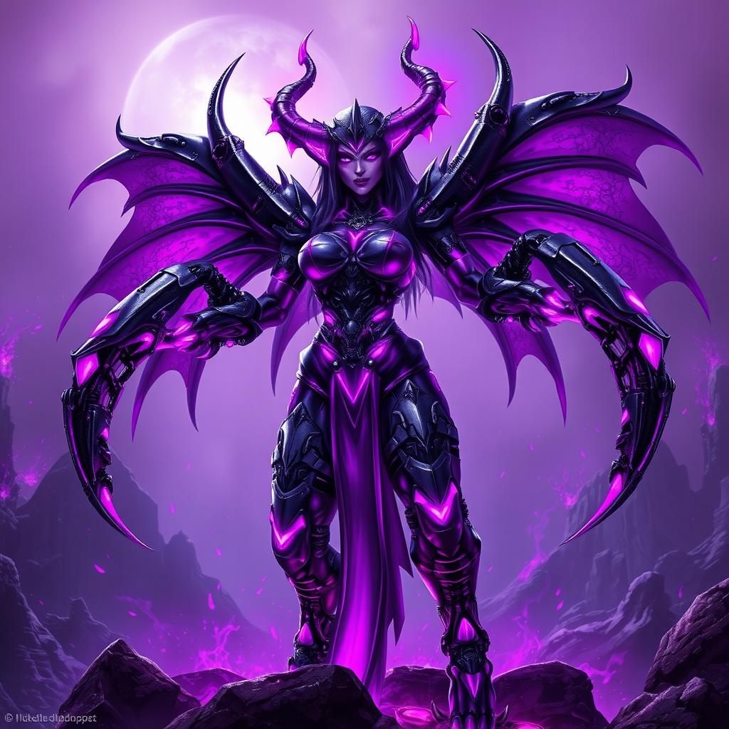 Andariel from Diablo 2 reimagined as a cyberdemon from Doom 3, with a vibrant purple theme dominating her appearance