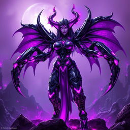 Andariel from Diablo 2 reimagined as a cyberdemon from Doom 3, with a vibrant purple theme dominating her appearance