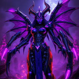 Andariel from Diablo 2 reimagined as a cyberdemon from Doom 3, with a vibrant purple theme dominating her appearance