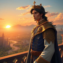 A handsome prince, wearing a royal attire embellished with gold and precious gemstones, standing regally on a majestic castle balcony overlooking a sprawling kingdom