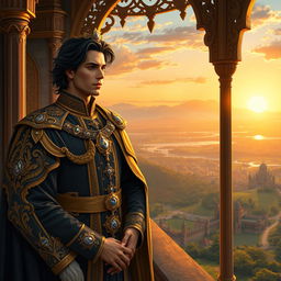 A handsome prince, wearing a royal attire embellished with gold and precious gemstones, standing regally on a majestic castle balcony overlooking a sprawling kingdom