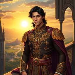 A handsome prince, wearing a royal attire embellished with gold and precious gemstones, standing regally on a majestic castle balcony overlooking a sprawling kingdom