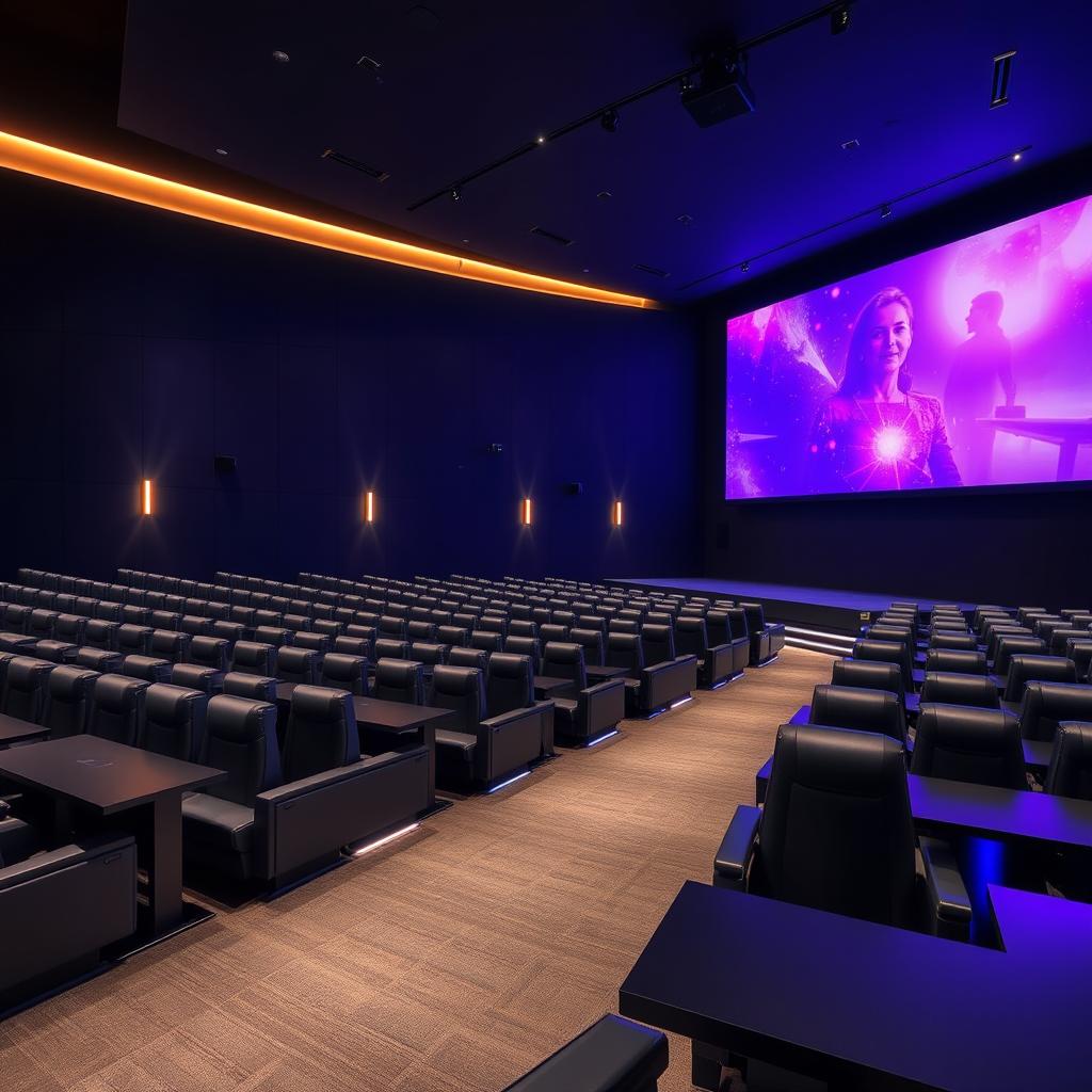 A modern cinema hall featuring a giant digital screen and rows of seats separated by tables