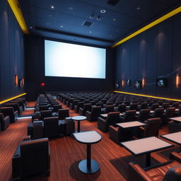 A modern cinema hall featuring a giant digital screen and rows of seats separated by tables