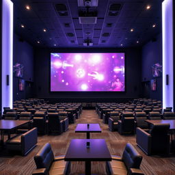 A modern cinema hall featuring a giant digital screen and rows of seats separated by tables