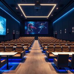 A modern cinema hall featuring a giant digital screen and rows of seats separated by tables