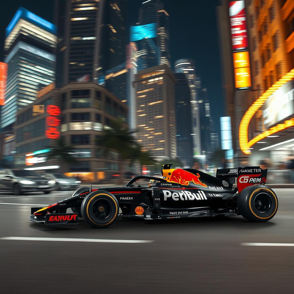 A dynamic high-octane Formula 1 race car speeding along a bustling city street, under the vibrant lights of skyscrapers at night