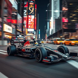 A dynamic high-octane Formula 1 race car speeding along a bustling city street, under the vibrant lights of skyscrapers at night