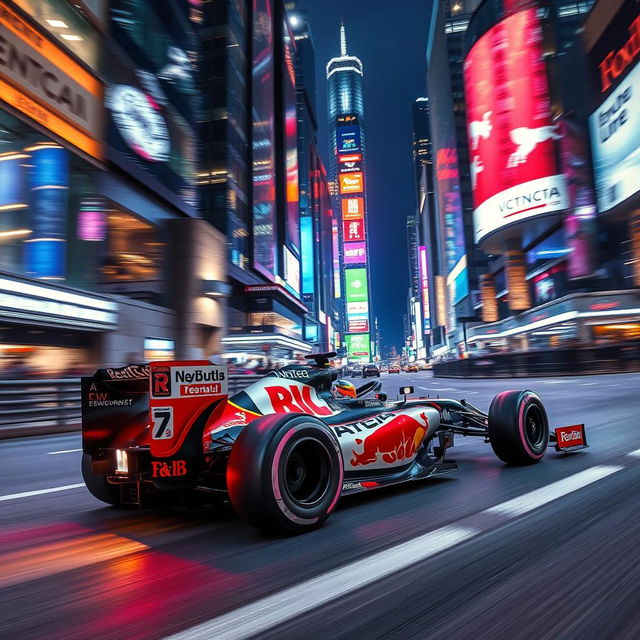 A dynamic high-octane Formula 1 race car speeding along a bustling city street, under the vibrant lights of skyscrapers at night