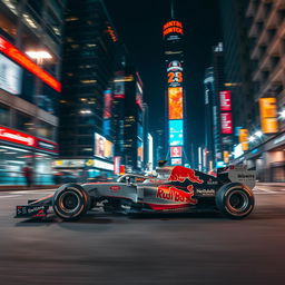 A dynamic high-octane Formula 1 race car speeding along a bustling city street, under the vibrant lights of skyscrapers at night