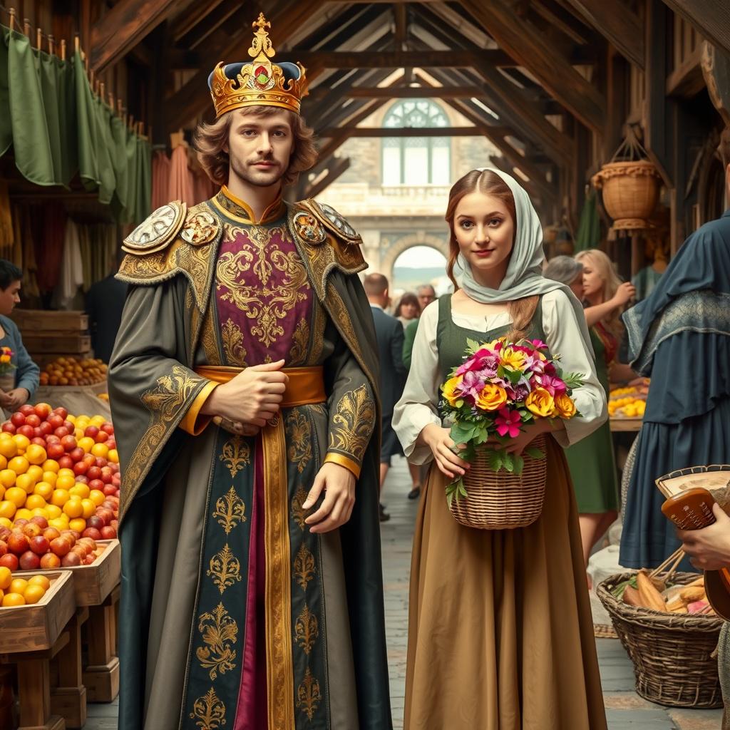 A charming prince with regal attire stands gracefully beside a beautiful commoner woman in a lively medieval marketplace