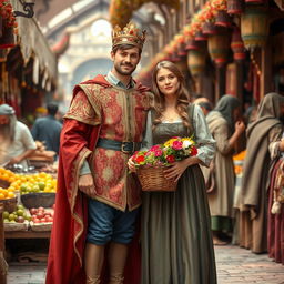 A charming prince with regal attire stands gracefully beside a beautiful commoner woman in a lively medieval marketplace