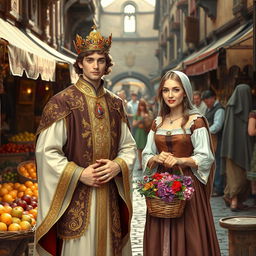 A charming prince with regal attire stands gracefully beside a beautiful commoner woman in a lively medieval marketplace