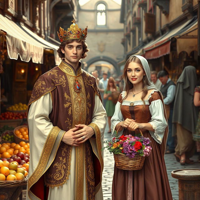 A charming prince with regal attire stands gracefully beside a beautiful commoner woman in a lively medieval marketplace