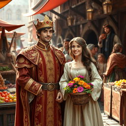 A charming prince with regal attire stands gracefully beside a beautiful commoner woman in a lively medieval marketplace