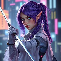 An elven maid fencer with elegant purple hair styled in an intricate braid, inspired by the Cyberpunk universe