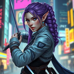 An elven maid fencer with elegant purple hair styled in an intricate braid, inspired by the Cyberpunk universe