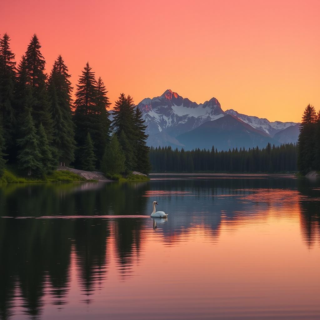 A serene landscape during golden hour, featuring a tranquil lake surrounded by tall, lush pine trees