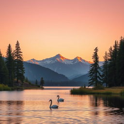 A serene landscape during golden hour, featuring a tranquil lake surrounded by tall, lush pine trees