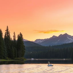 A serene landscape during golden hour, featuring a tranquil lake surrounded by tall, lush pine trees