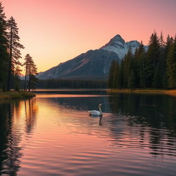 A serene landscape during golden hour, featuring a tranquil lake surrounded by tall, lush pine trees