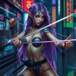 A half-naked elven fencing duelist inspired by Cyberpunk, featuring stunning purple hair cascading down her back