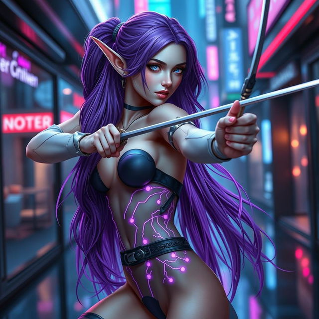 A half-naked elven fencing duelist inspired by Cyberpunk, featuring stunning purple hair cascading down her back