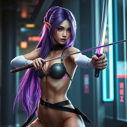 A half-naked elven fencing duelist inspired by Cyberpunk, featuring stunning purple hair cascading down her back