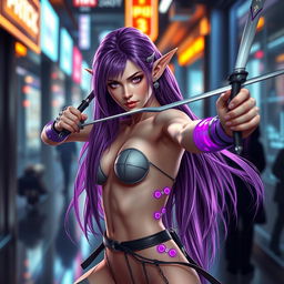 A half-naked elven fencing duelist inspired by Cyberpunk, featuring stunning purple hair cascading down her back