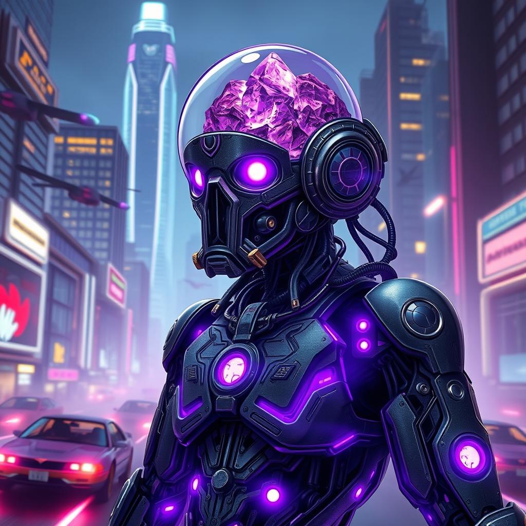 A cybernetic warforged character with an amethyst brain, set against a futuristic cityscape background illuminated by neon lights