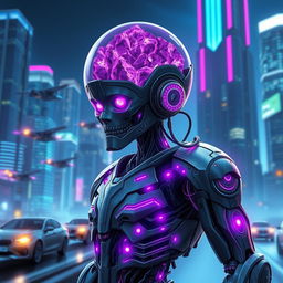 A cybernetic warforged character with an amethyst brain, set against a futuristic cityscape background illuminated by neon lights