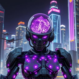 A cybernetic warforged character with an amethyst brain, set against a futuristic cityscape background illuminated by neon lights